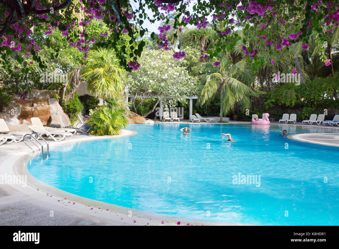 Maldive Resort - persone in una piscina, Rasdhoo Atoll, , Maldive, Asia Foto Stock