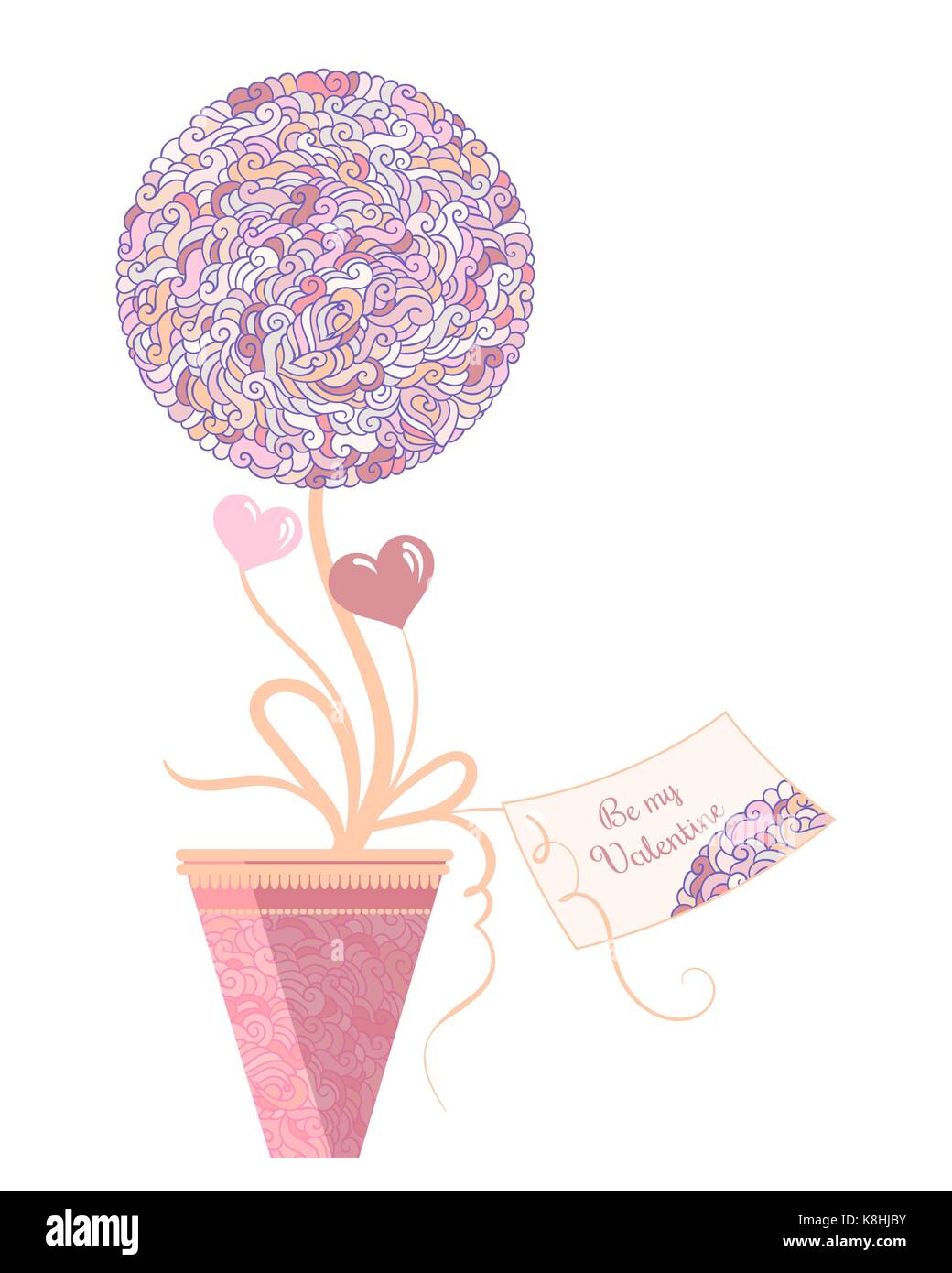 Illustrazione vettoriale di topiaria da legata a prua con cuori e biglietto di auguri per il giorno di San Valentino romantico o evento Illustrazione Vettoriale