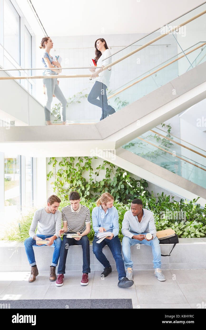 Team di studenti seduti insieme nel campus universitario studiare per l'esame Foto Stock