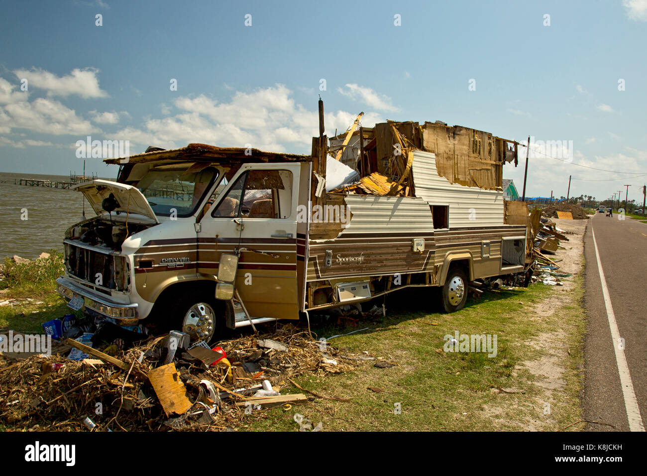 Gli edifici e le abitazioni distrutte dall uragano harvey in rockport o fulton, texas Foto Stock