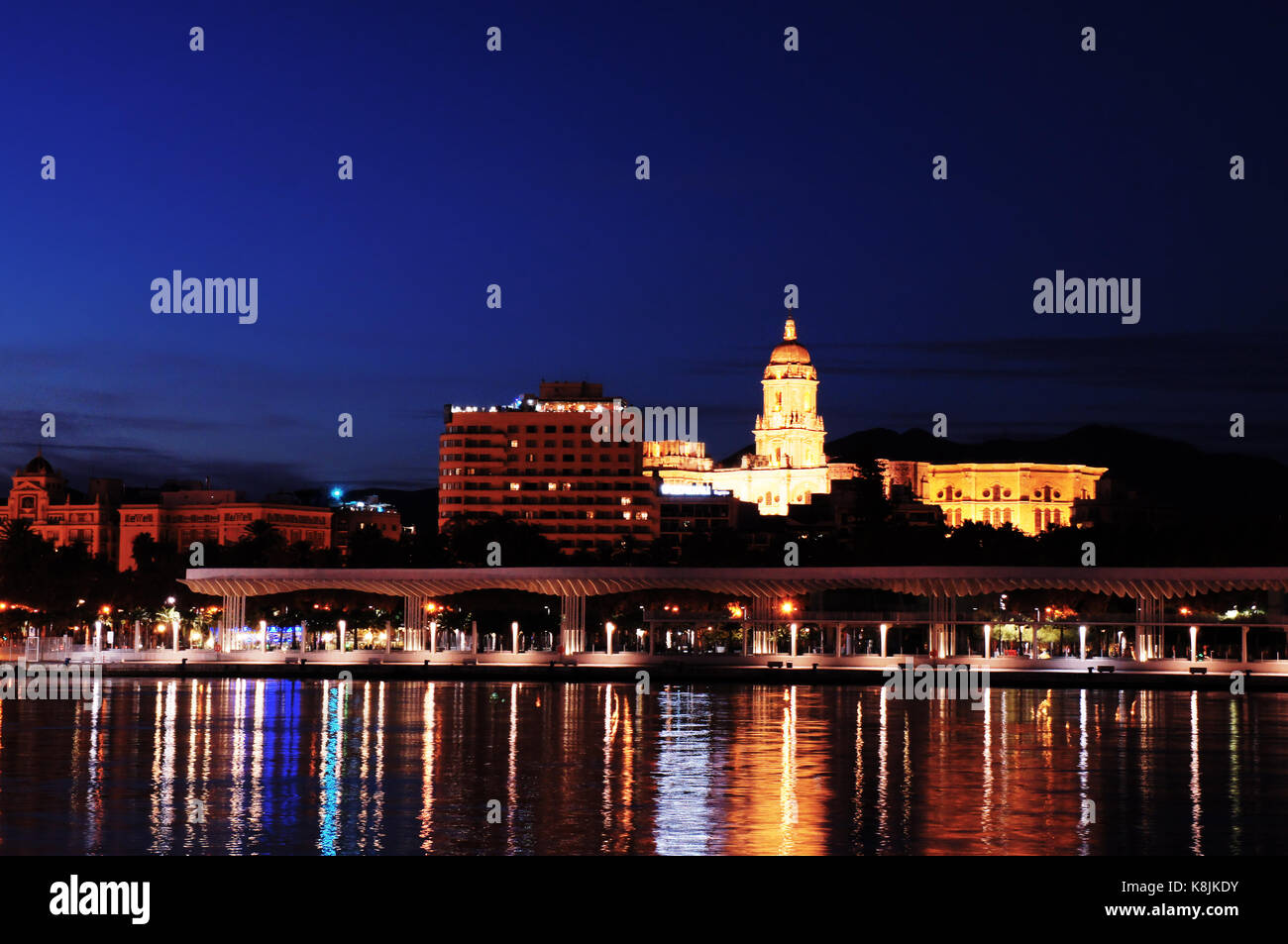 Panorama notturno di Malaga con la torre che riflette il mare della Cattedrale e del parco Foto Stock