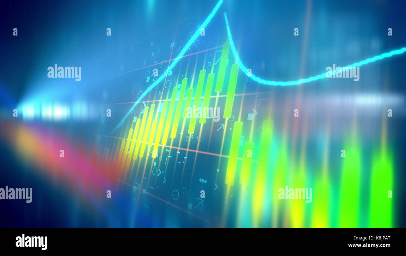 Incredibile 3d illustrazione di un multicolore business line grafico aslant adottate alla luce sfondo blu con alcuni segni mettere dietro. L'arcobaleno lookin Foto Stock