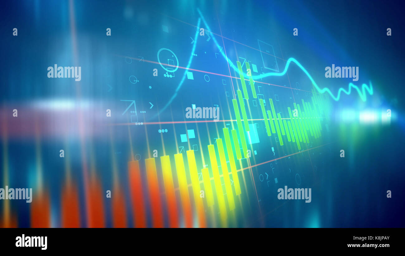 3d illustrazione di una coloratissima linea di business grafico presentato in diagonale con un indice di instabile avente soaring e il crollo dei periodi di backgroun blu Foto Stock