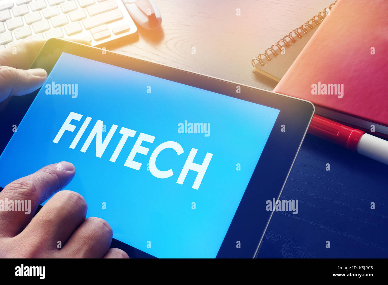 Imprenditore la lettura di fintech. finanziaria il concetto di tecnologia. Foto Stock