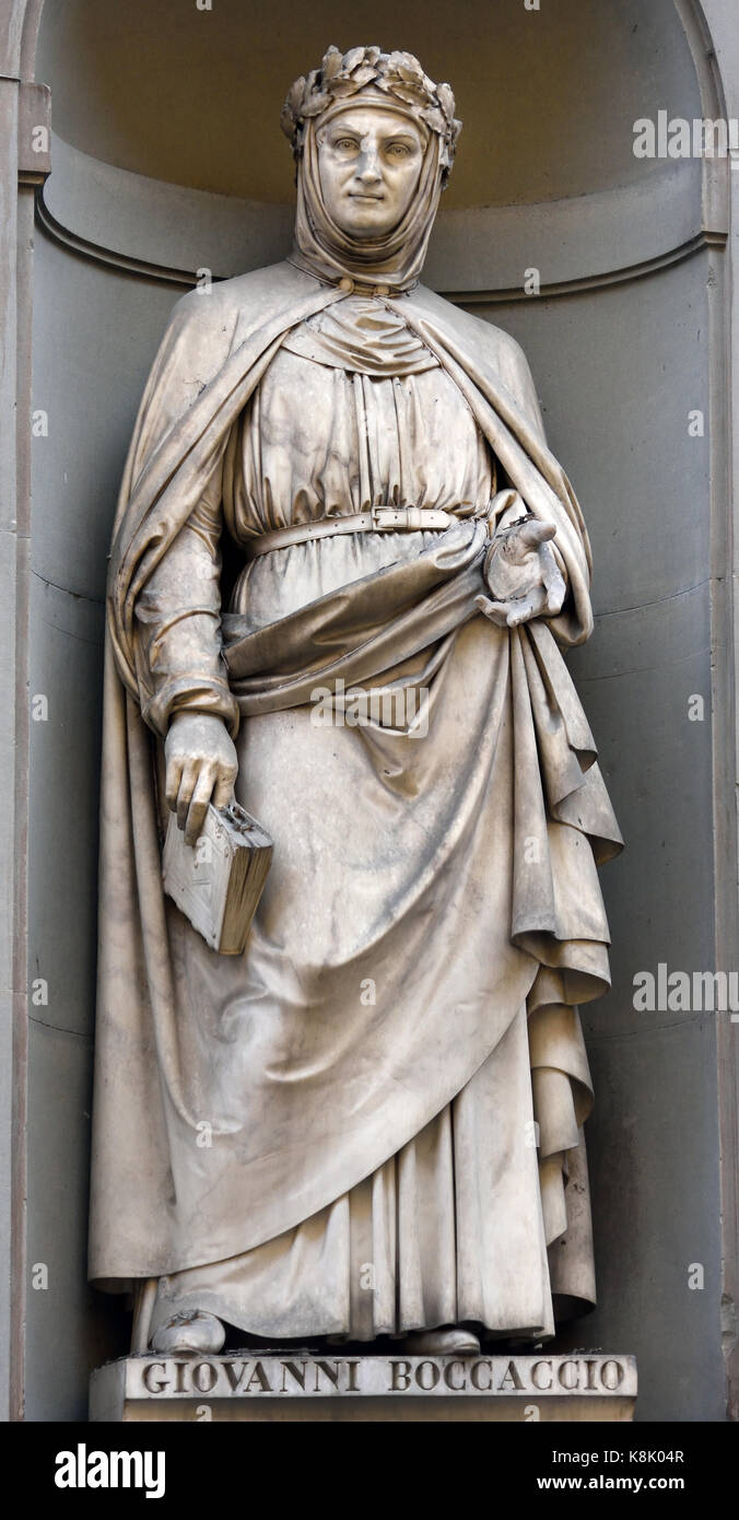 Giovanni Boccaccio 1313 -1375 Italiano, scrittore, poeta, corrispondente di Petrarca e un importante umanista rinascimentale. Boccaccio scrisse il Decameron e sulle donne famose. Statua della Galleria degli Uffizi di Firenze e la toscana italia. da Odoardo Fantacchiotti Foto Stock