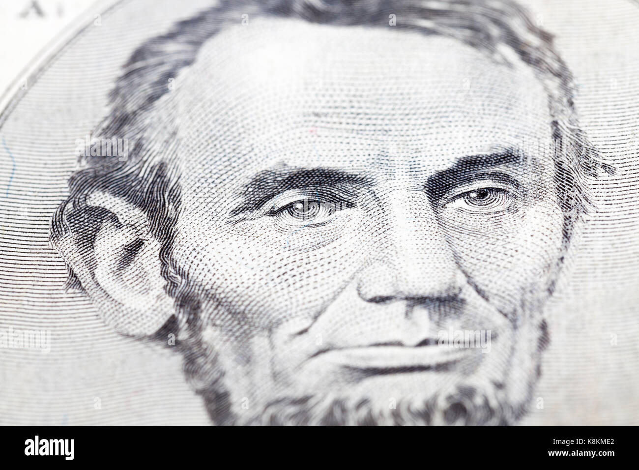 Foto del presidente Lincoln un vecchio disegno di cinque dollari il 1993 campione. fotografia di close-up, nel fuoco del presidente occhi Foto Stock