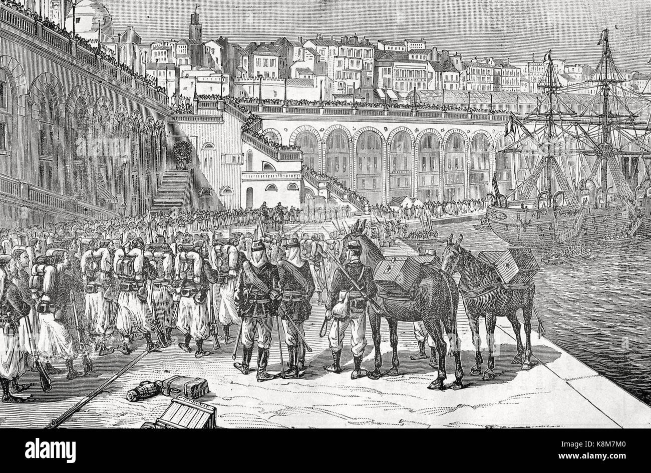 Zouaves imbarco ad Algeri per Tonkin, Gennaio 1885 Foto Stock