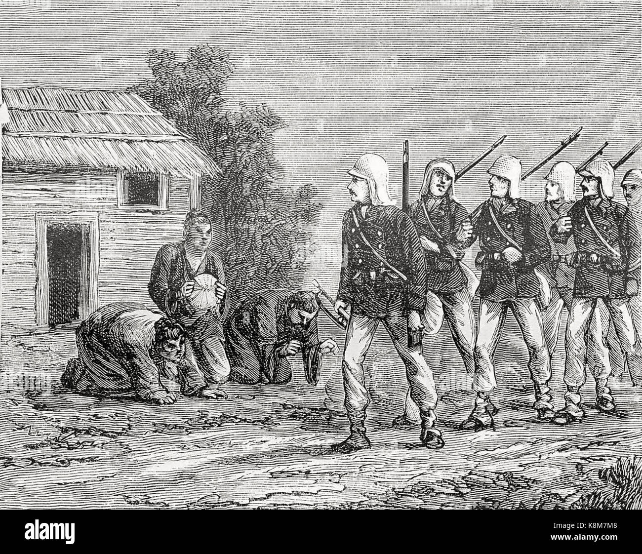 Gli abitanti di un villaggio Tonkinese sottomettono al passaggio di soldati francesi, 1884 Foto Stock