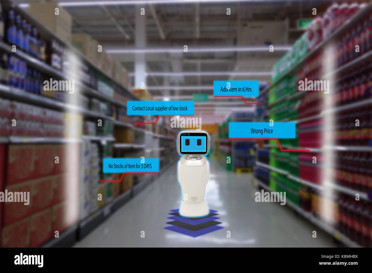 Smart concetto di vendita al dettaglio, il robot service utilizzano per controllare i dati di o nei negozi che vendono merci sui ripiani facilmente visto il codice a barre e i prezzi o la foto com Foto Stock Smart concetto di vendita al dettaglio, il robot service utilizzano per controllare i dati di o nei negozi che vendono merci sui ripiani facilmente visto il codice a barre e i prezzi o la foto com Foto Stock