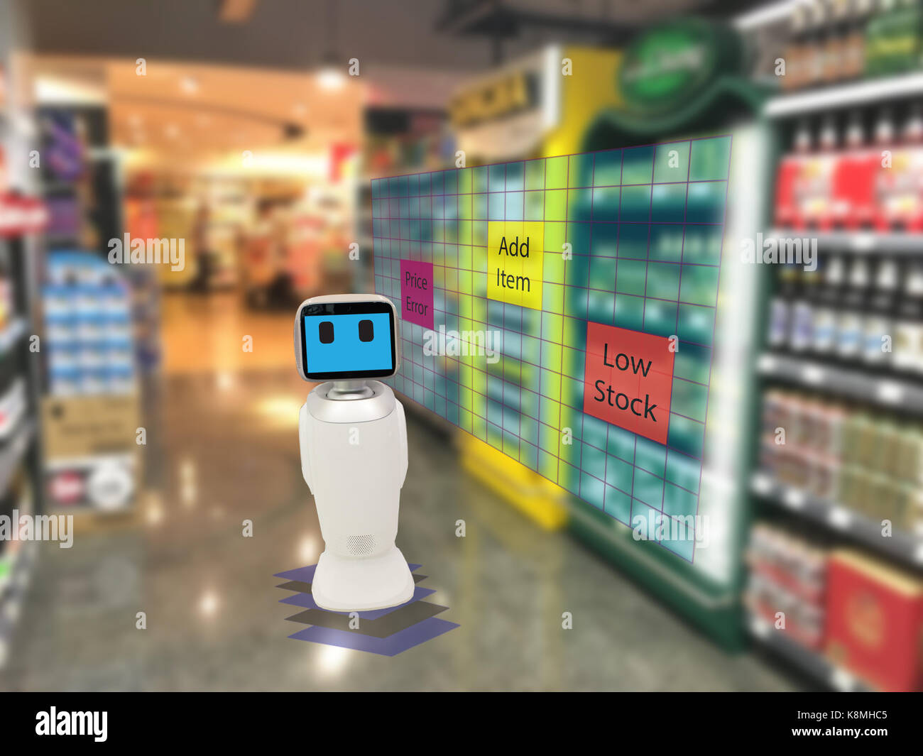 Smart concetto di vendita al dettaglio, il robot service utilizzano per controllare i dati di o nei negozi che vendono merci sui ripiani facilmente visto il codice a barre e i prezzi o la foto com Foto Stock Smart concetto di vendita al dettaglio, il robot service utilizzano per controllare i dati di o nei negozi che vendono merci sui ripiani facilmente visto il codice a barre e i prezzi o la foto com Foto Stock