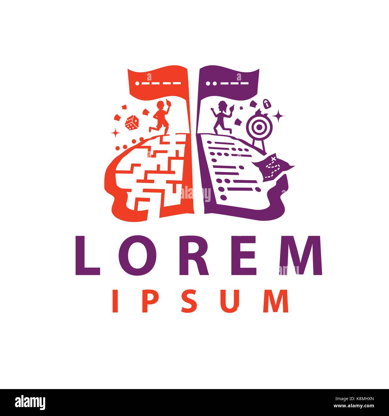 Competizioni con molti giochi logo con bandiere, linee, dedalo, strada, bulleye, ragazzi, Brian, mappa e più, giocare i giochi Gioco, illustration design, isolati o Illustrazione Vettoriale