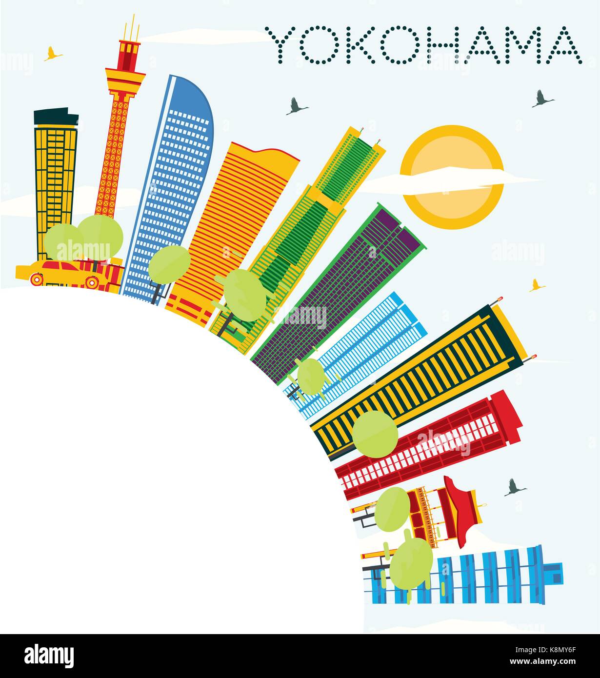 Lo skyline di Yokohama con edifici di colore, il blu del cielo e spazio copia. illustrazione vettoriale. viaggi di affari e di turismo con il concetto di architettura moderna. Illustrazione Vettoriale