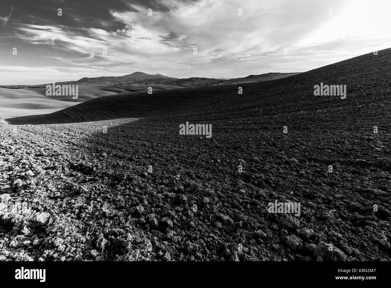 Una vasta, quasi infinito campo coltivato nelle colline della Toscana Foto Stock