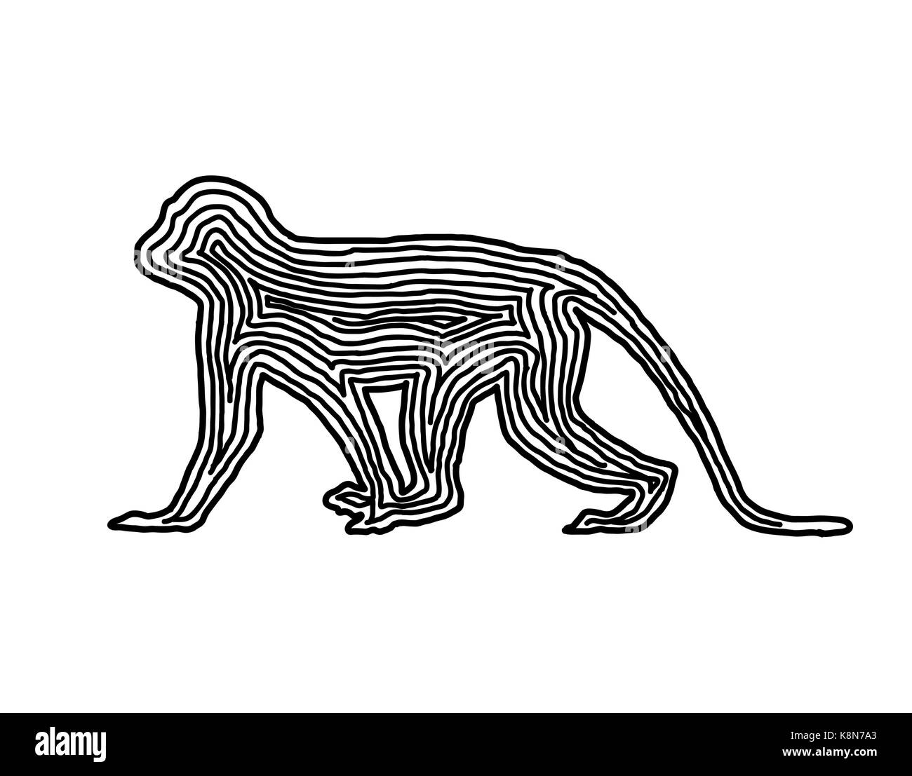 Una scimmia icona illustrazione in nero linea offset. Stile di impronte digitali per il logo o design in background. Illustrazione Vettoriale