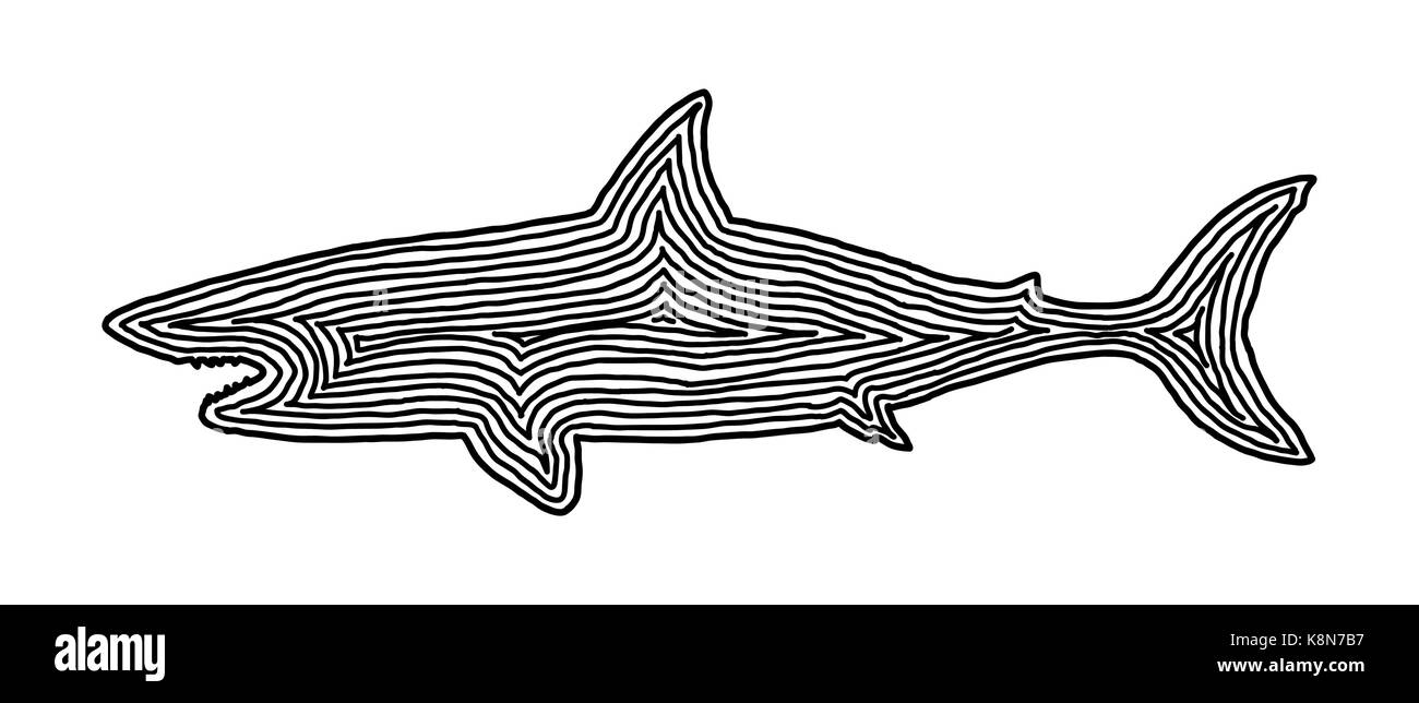 Un squalo icona illustrazione in nero linea offset. Stile di impronte digitali per il logo o design in background. Illustrazione Vettoriale