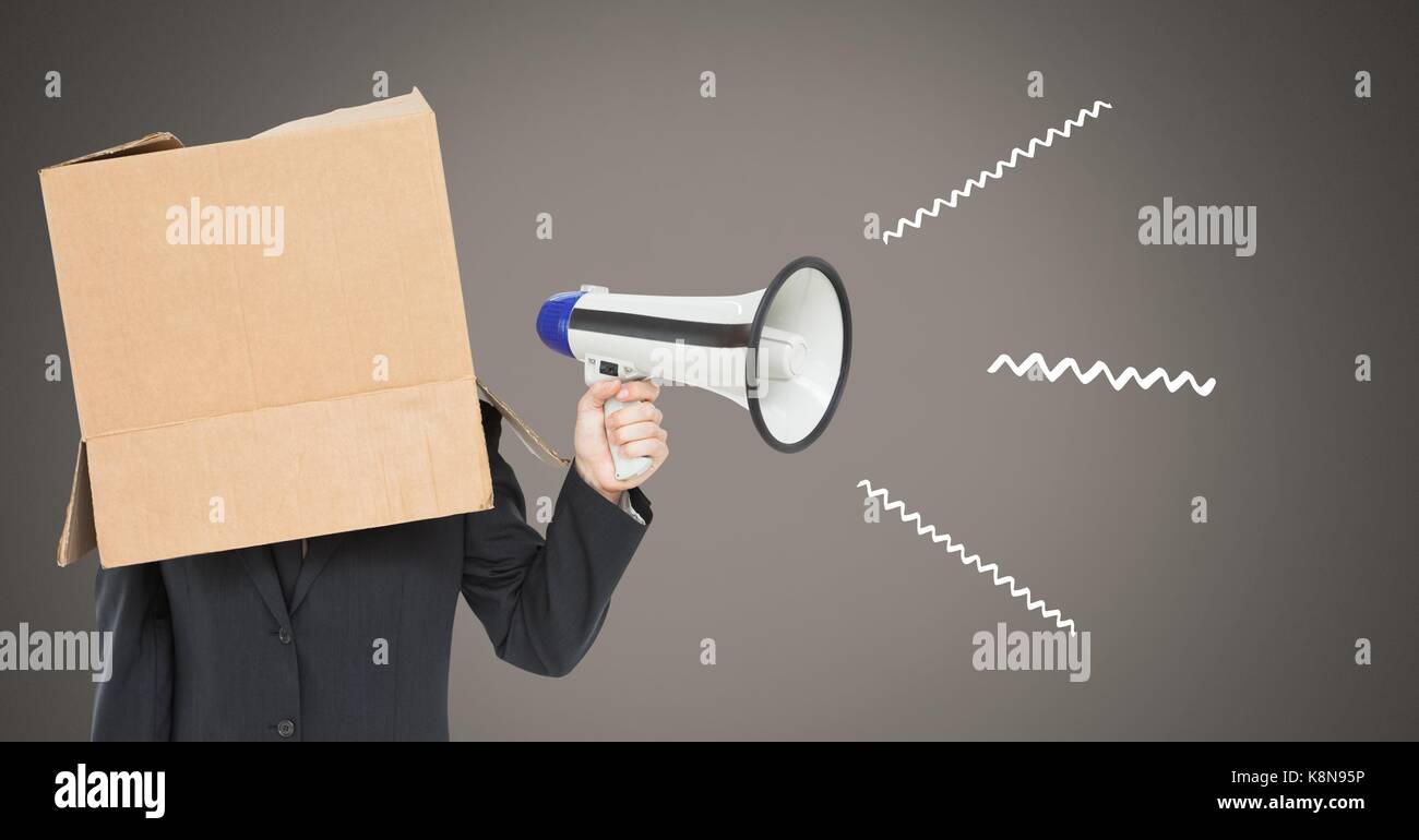 Digitali compositi di cartone testa usando megafono con illustrazioni Foto Stock