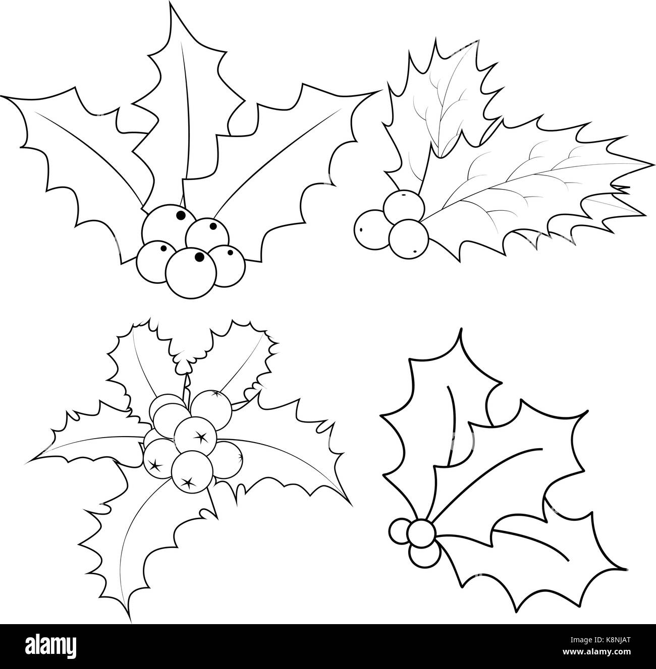 Holly berry silhouette, Natale foglie e frutti icona, simbolo, design. Inverno illustrazione vettoriale isolati su sfondo bianco. Illustrazione Vettoriale