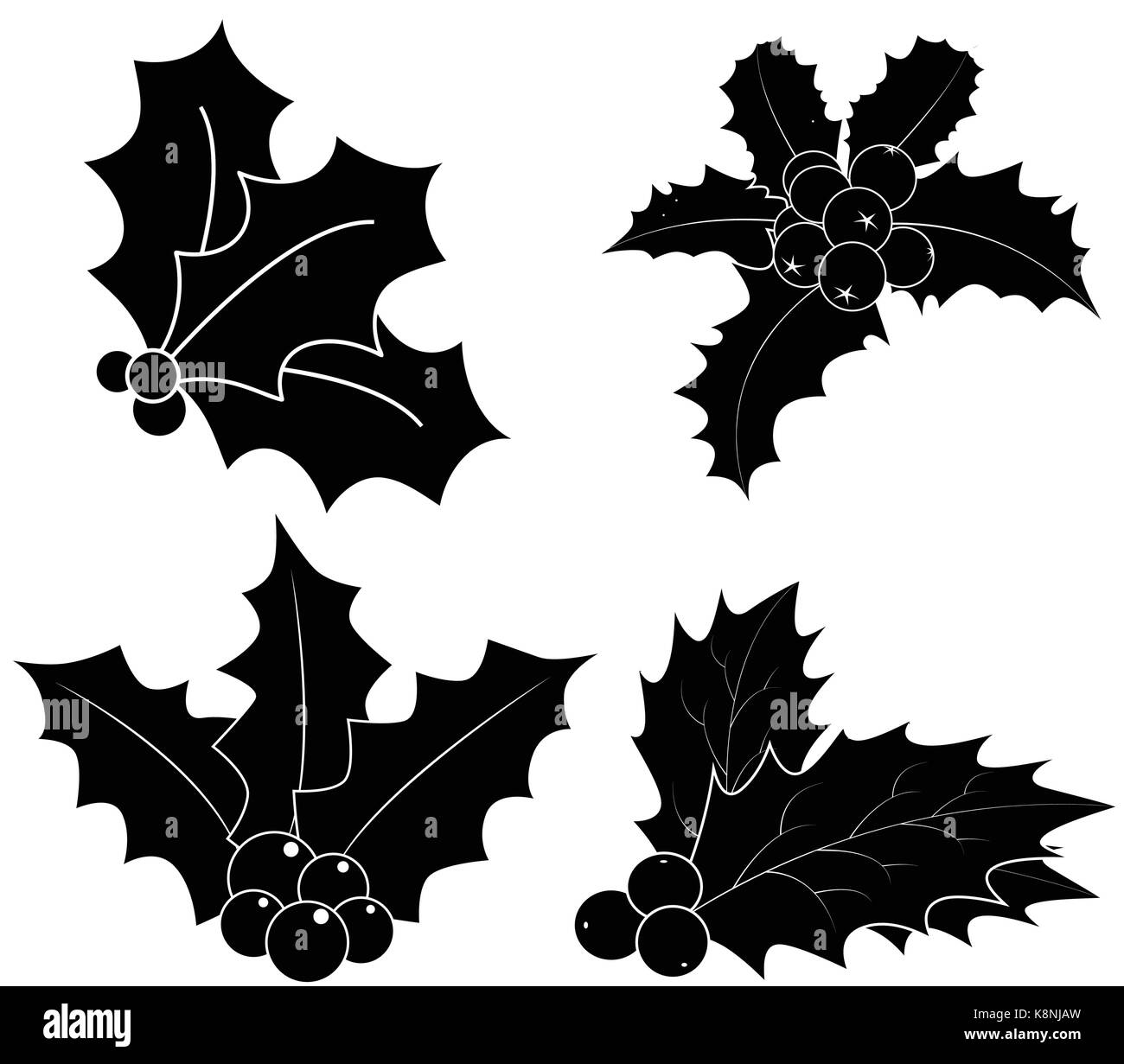 Holly berry silhouette, Natale foglie e frutti icona, simbolo, design. Inverno illustrazione vettoriale isolati su sfondo bianco. Illustrazione Vettoriale