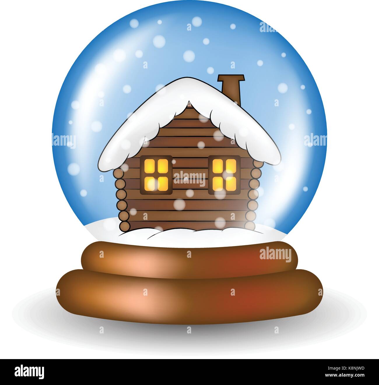 Natale snowglobe con cabina design cartoon, icona, simbolo per scheda. Inverno trasparente sfera di vetro con la caduta di neve. Illustrazione Vettoriale isolat Illustrazione Vettoriale