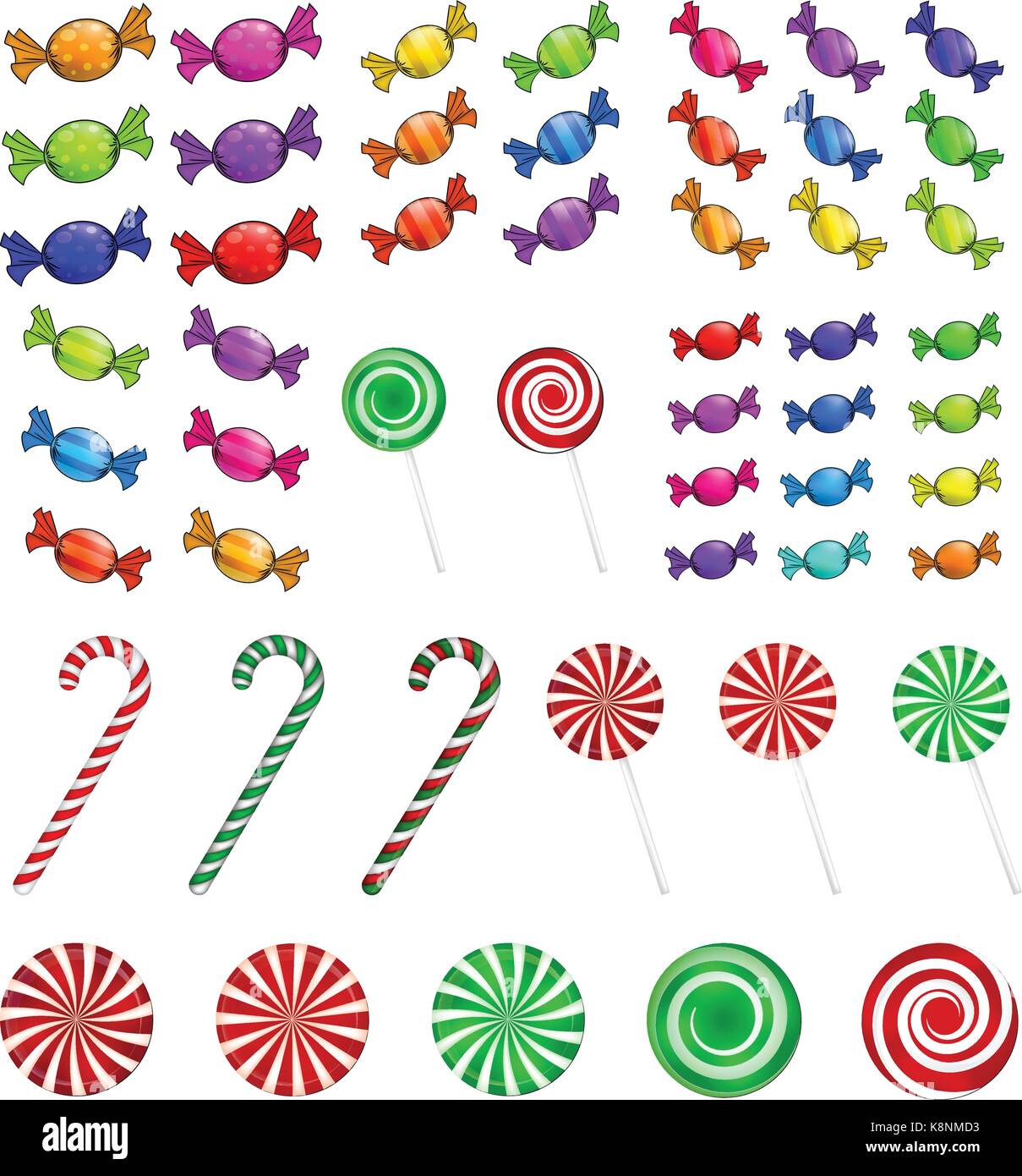 Natale candy set. Colorato avvolto dolce, lecca-lecca, la canna da zucchero. Illustrazione di vettore isolato su uno sfondo bianco. Illustrazione Vettoriale