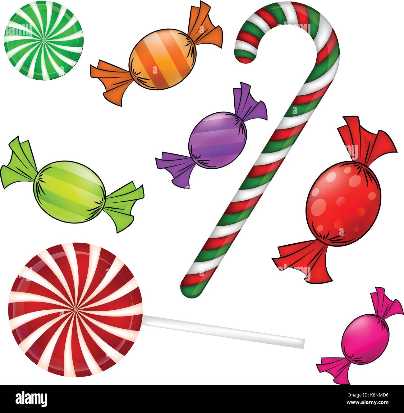 Natale candy set. Colorato avvolto dolce, lecca-lecca, la canna da zucchero. Illustrazione di vettore isolato su uno sfondo bianco. Illustrazione Vettoriale