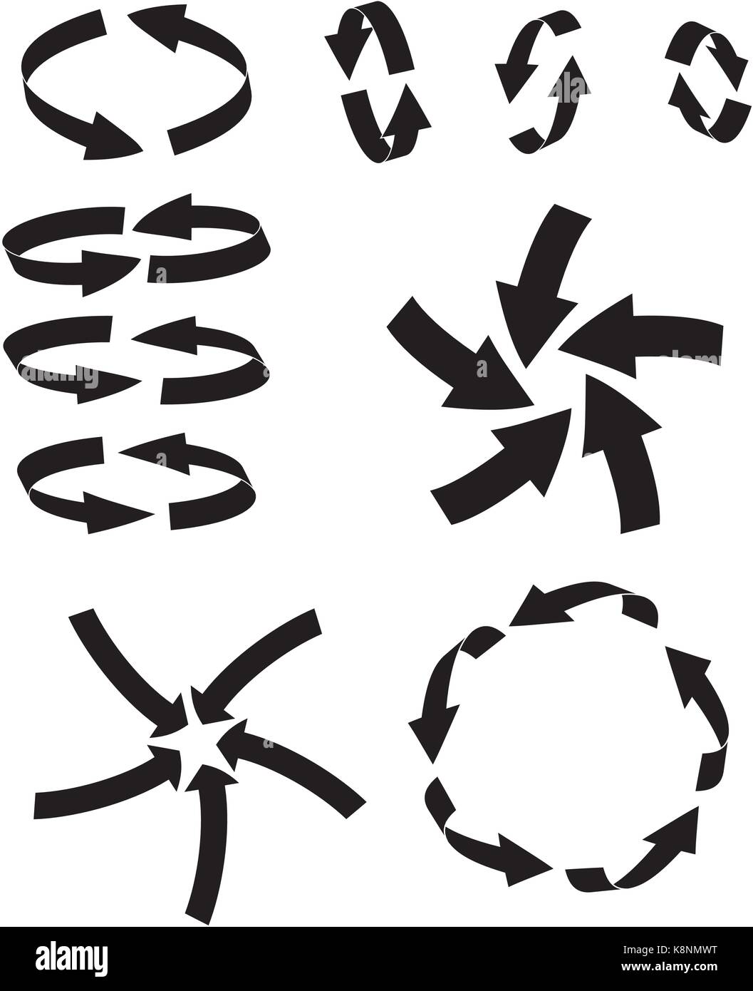 Simbolo freccia silhouette di ciclo, curva icona del concetto di business set . Illustrazione di vettore isolato su sfondo bianco. Illustrazione Vettoriale