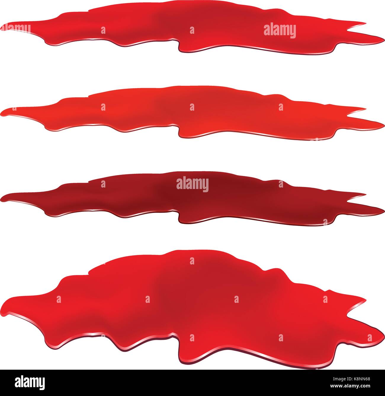 Pozza di sangue impostare, rosso drop, Blot, macchia plash od il sangue. Illustrazione di vettore isolato su sfondo bianco. Illustrazione Vettoriale