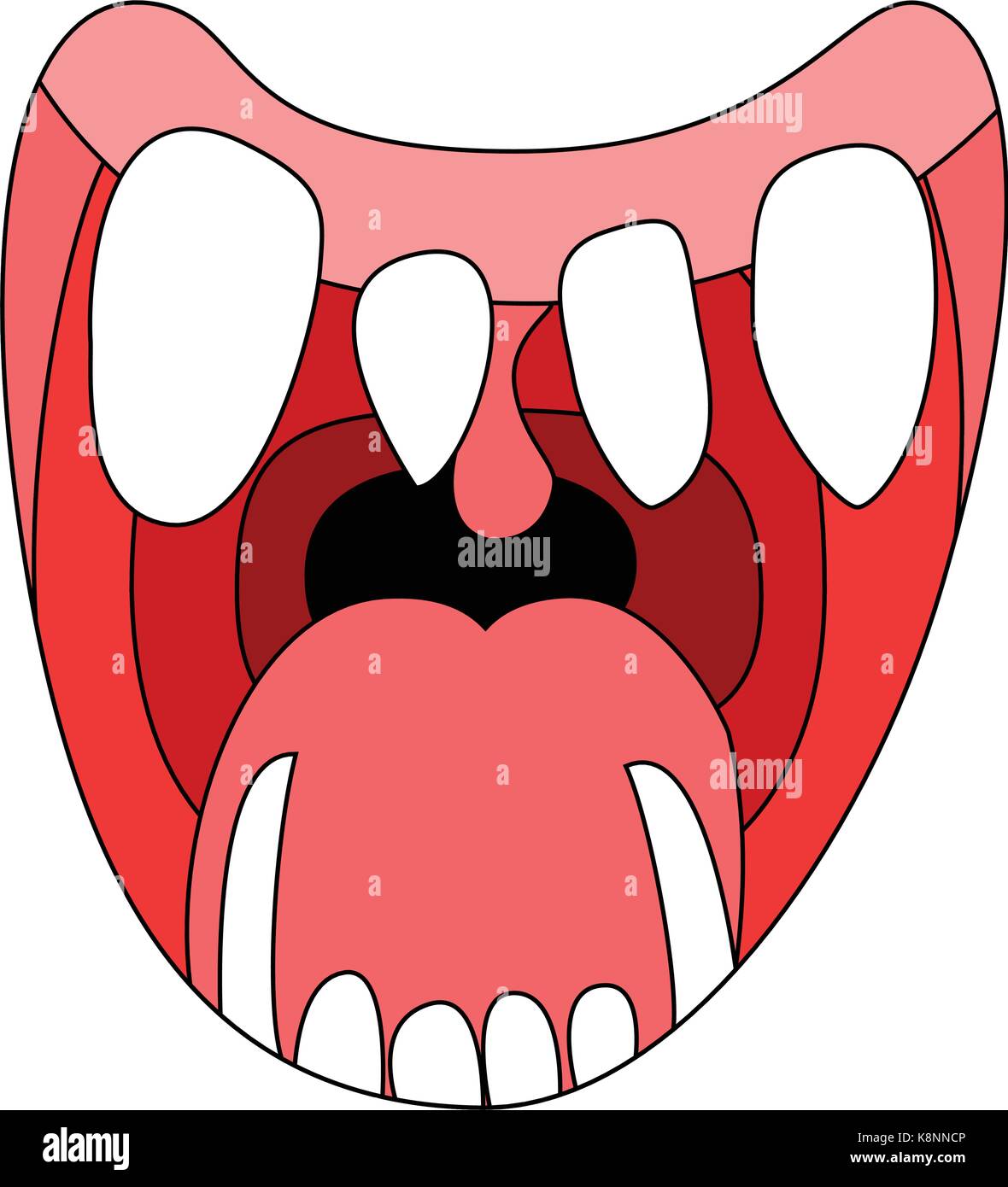 Cartoon sorriso, aprire bocca, labbra con i denti e la lingua. illustrazione vettoriale isolati su sfondo bianco Illustrazione Vettoriale
