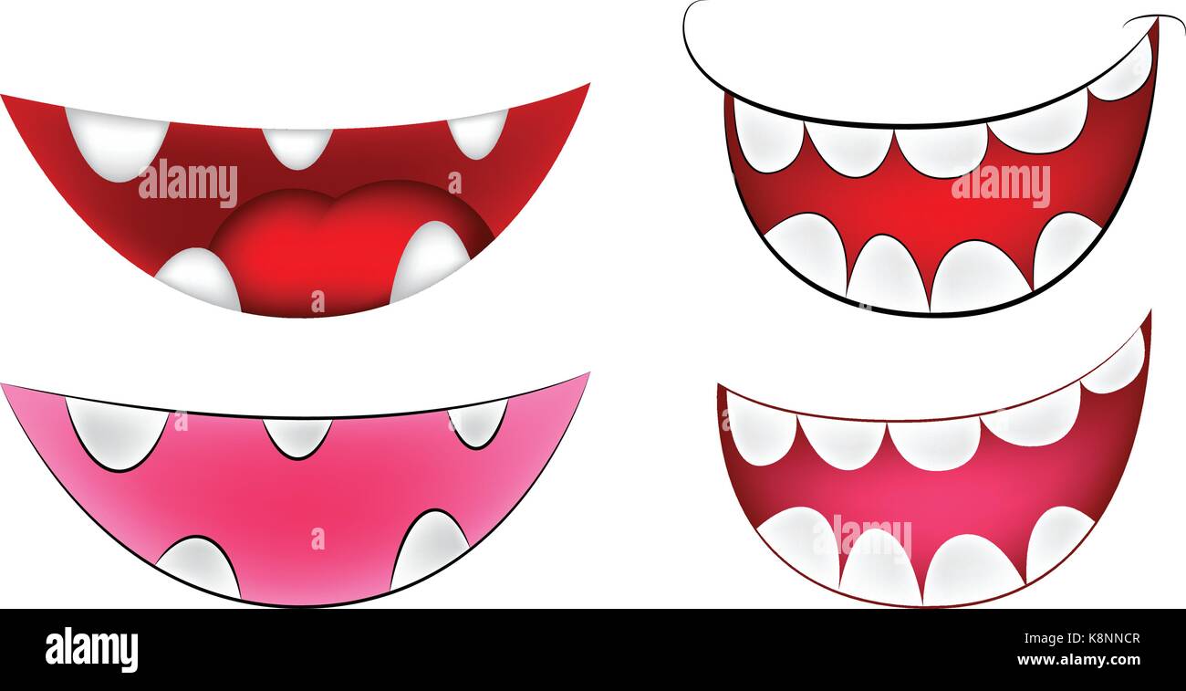 Cartoon sorriso, la bocca, le labbra con denti set. vettore illustrazione mesh isolati su sfondo bianco Illustrazione Vettoriale