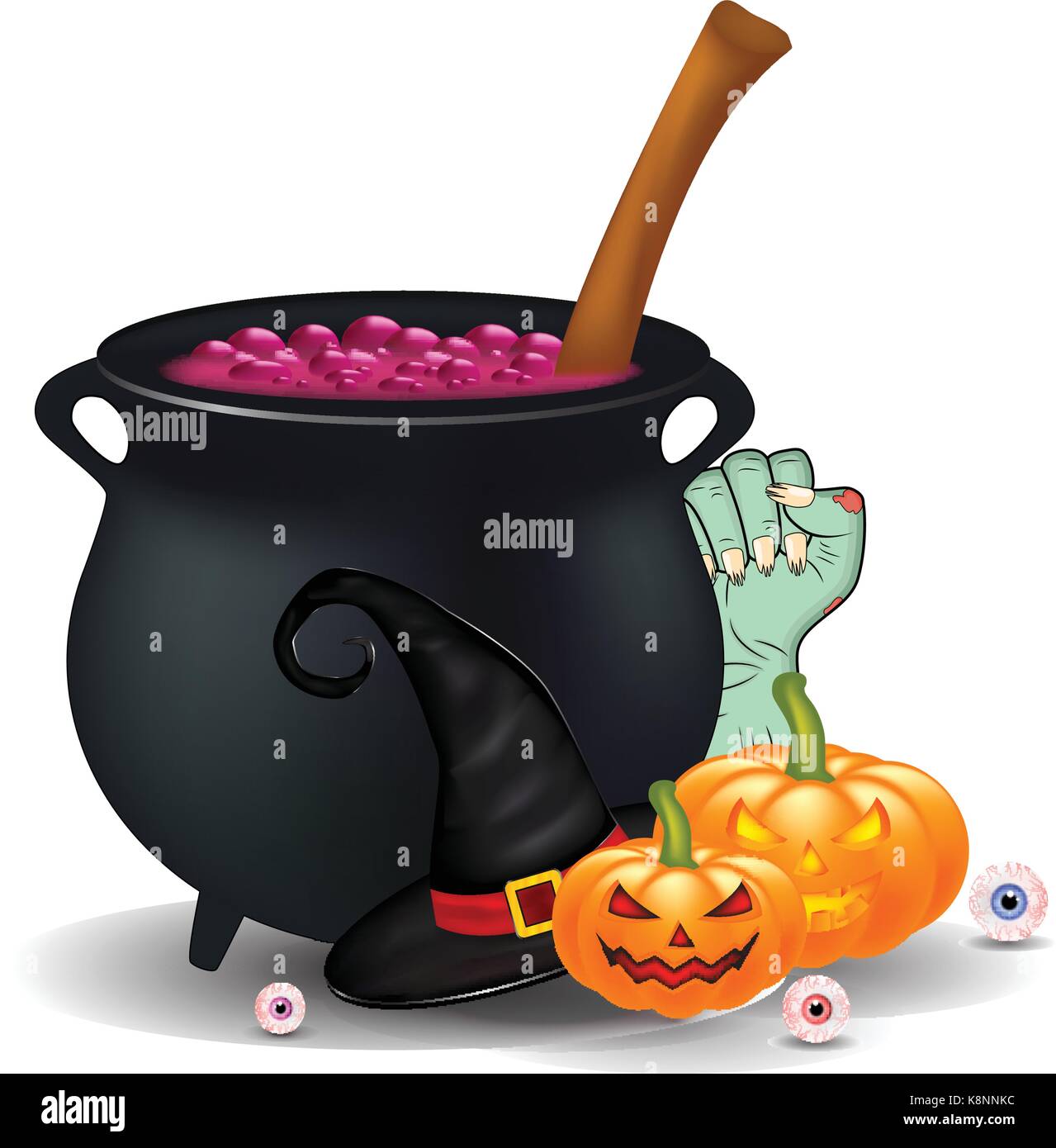 Halloween cartoon, simboli composizione. oggetti vettoriali disposizione, zucche, witch hat, calderone, e più. Collage di vettore di graziosi elementi di Halloween Illustrazione Vettoriale