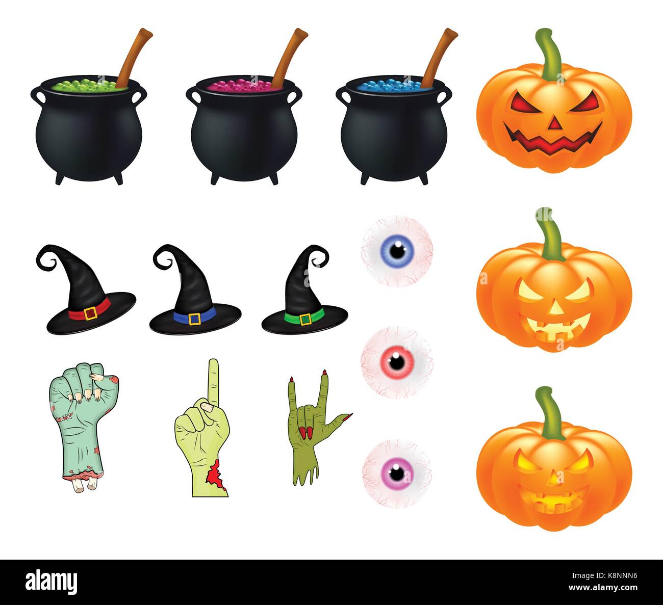 Halloween cartoon set vettoriali, simboli collezione. set di oggetti vettoriali, zucche, witch hat calderone, e più. Set di vettore di graziosi elementi di Halloween Illustrazione Vettoriale
