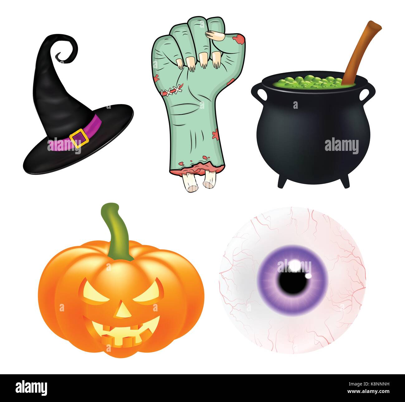 Halloween cartoon set vettoriali, simboli collezione. set di oggetti vettoriali, zucche, witch hat calderone, e più. Set di vettore di graziosi elementi di Halloween Illustrazione Vettoriale