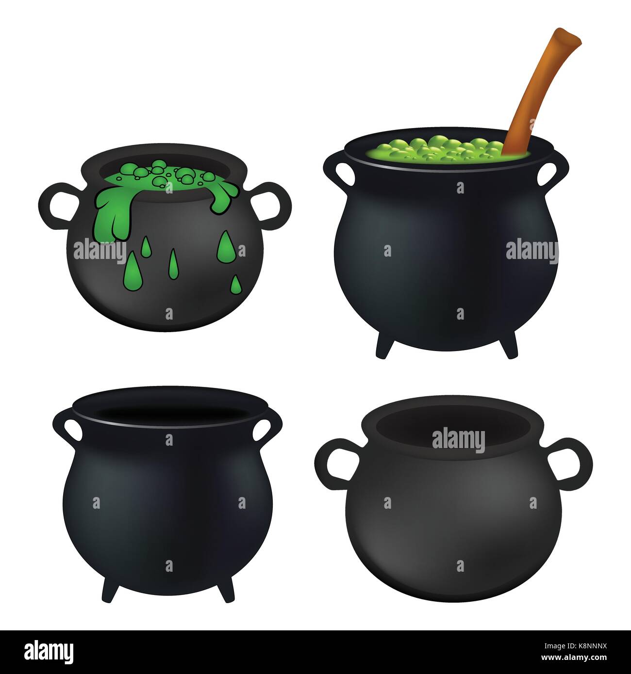Calderone della strega vuoto e con la pozione verde, gorgogliamento streghe brew set. Realistica rappresentazione di vettore isolato su sfondo bianco. Illustrazione Vettoriale