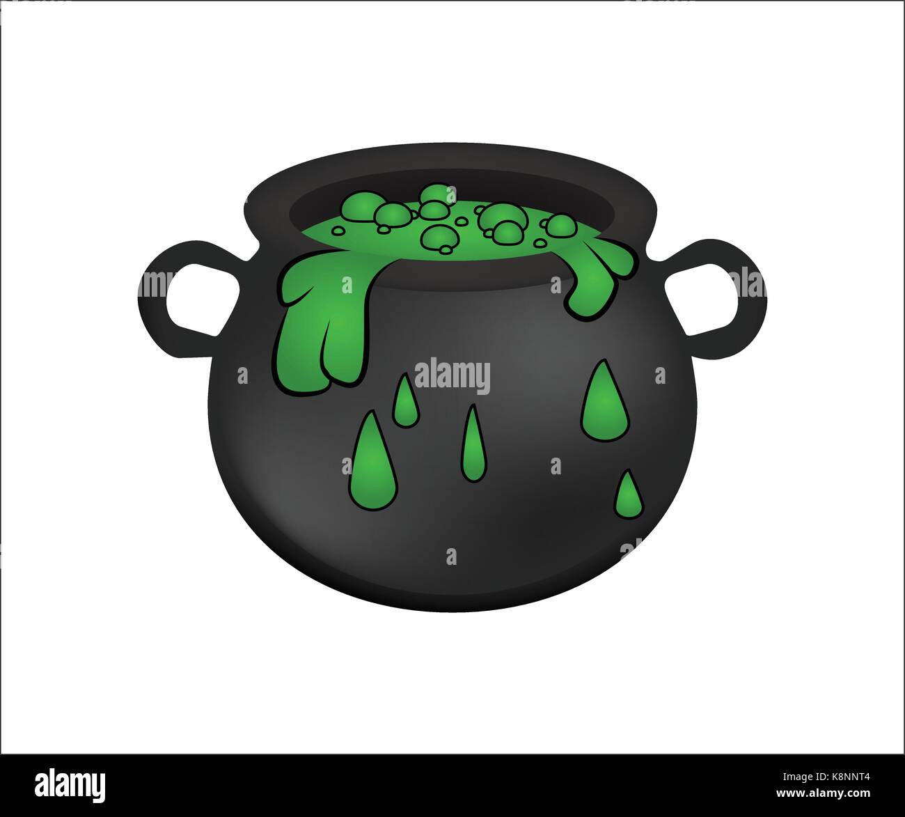 Calderone della strega con la pozione verde, gorgogliamento streghe brew. Realistica rappresentazione di vettore isolato su sfondo bianco. Illustrazione Vettoriale