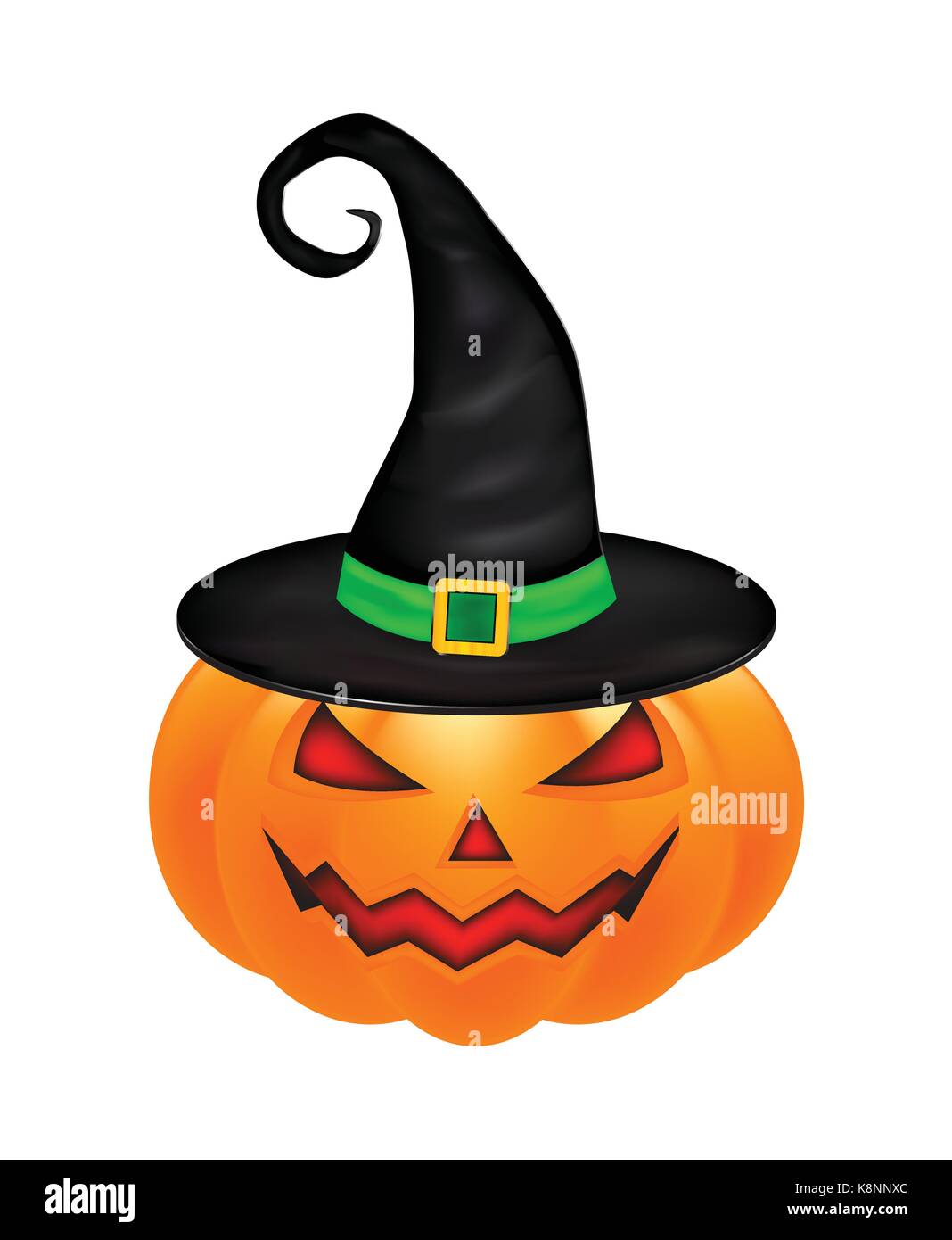 Zucca di Halloween in hat illustrazione vettoriale, Jack O Lantern isolati su sfondo bianco. Scary arancione foto con gli occhi e con la luce di una candela all'interno. Illustrazione Vettoriale