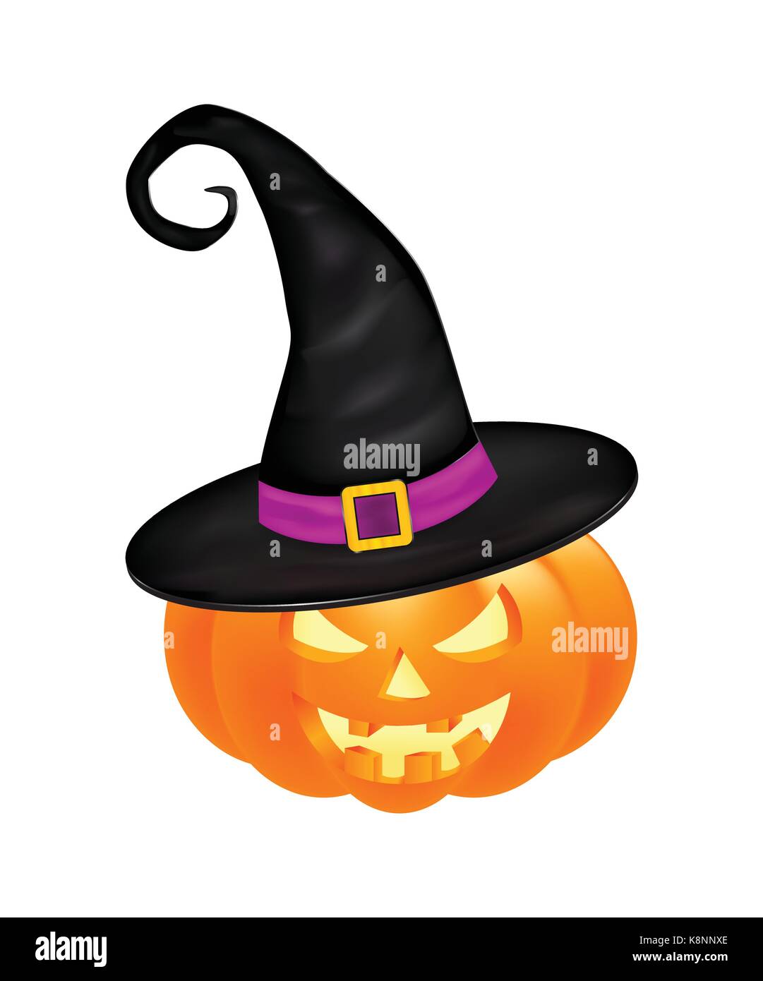 Zucca di Halloween in hat illustrazione vettoriale, Jack O Lantern isolati su sfondo bianco. Scary arancione foto con gli occhi e con la luce di una candela all'interno. Illustrazione Vettoriale