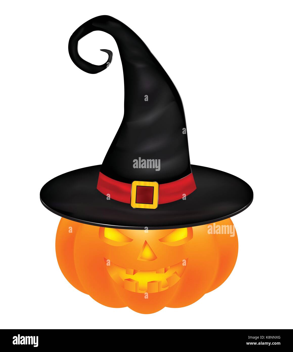 Zucca di Halloween in hat illustrazione vettoriale, Jack O Lantern isolati su sfondo bianco. Scary arancione foto con gli occhi e con la luce di una candela all'interno. Illustrazione Vettoriale