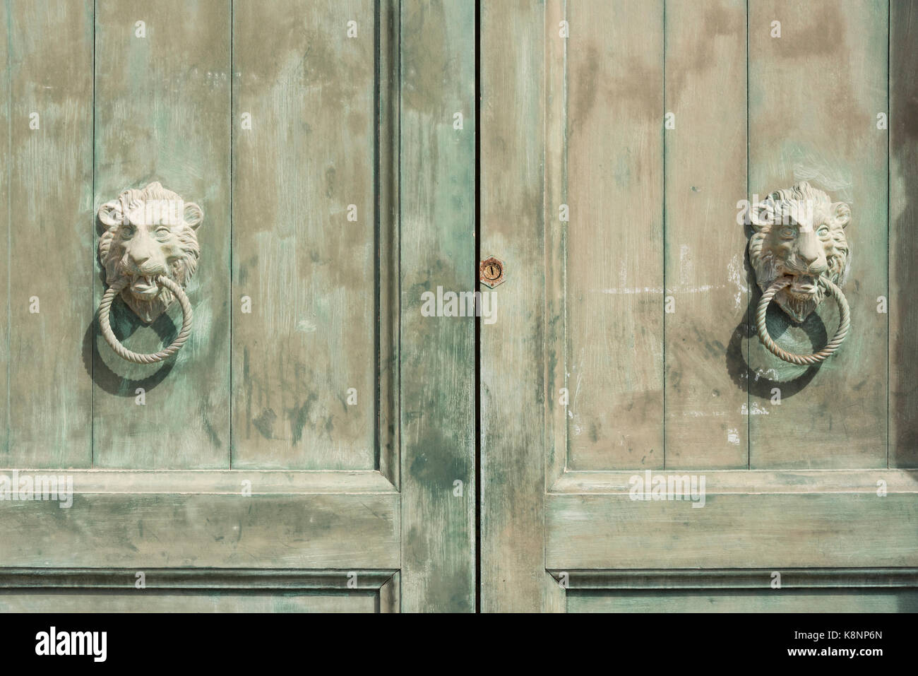 Due Lions Head porta metallica battenti su un verde porta di legno in Malta - un particolare architettonico Foto Stock Due Lions Head porta metallica battenti su un verde porta di legno in Malta - un particolare architettonico Foto Stock
