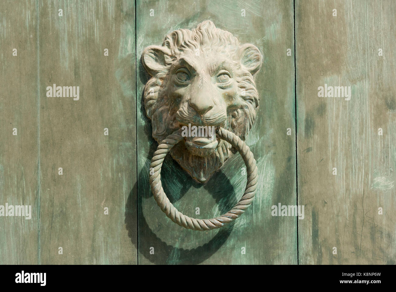 Un Lions Head porta metallica battenti su un verde porta di legno in Malta - un particolare architettonico Foto Stock Un Lions Head porta metallica battenti su un verde porta di legno in Malta - un particolare architettonico Foto Stock