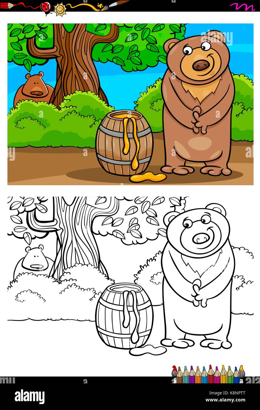 Cartoon illustrazione di orso con canna del miele libro da colorare attività Illustrazione Vettoriale