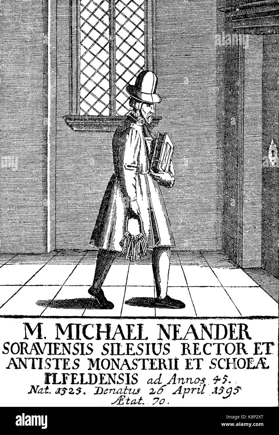 Pedagogo nel XVI secolo, Schulmeister im 16. Jahrhundert von Michael Neander, 1595, digital Riproduzione migliorata di una xilografia, pubblicata nel XIX secolo Foto Stock