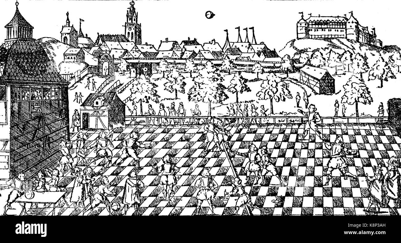 Illustri partita di baseball Tübingen studenti del Collegium, Ballspiel der Tübinger Studenten des Collegium illustre, 1589, digital Riproduzione migliorata di una xilografia, pubblicata nel XIX secolo Foto Stock