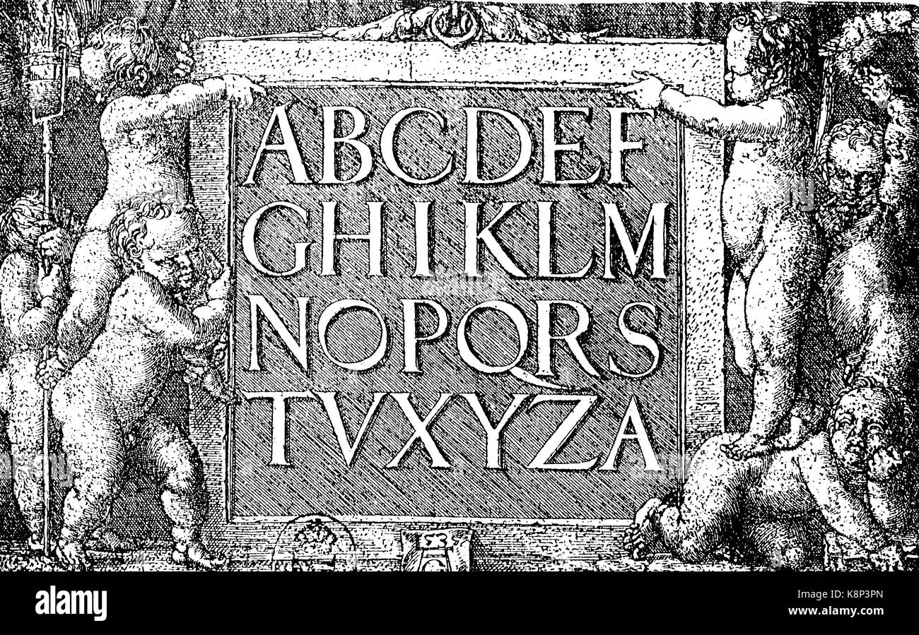 Tabella alfabeto detenute da genii, Alphabet Tafel gehalten von Genien, 1535, digital Riproduzione migliorata di una xilografia, pubblicata nel XIX secolo Foto Stock
