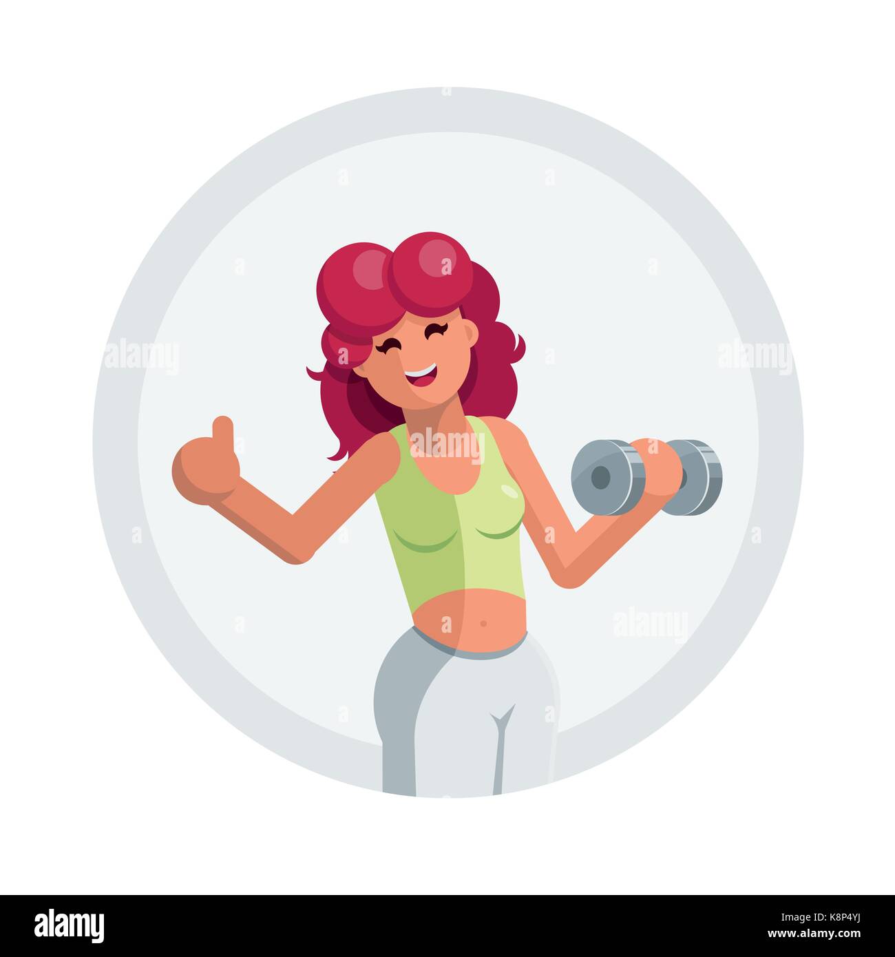 Concetto di fitness illustrazione. bellissimi Capelli rossi ragazza di formazione con un manubrio. vettore illustrazione piana. Illustrazione Vettoriale
