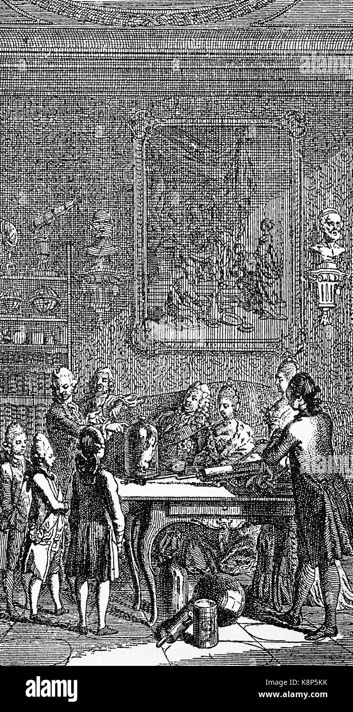 Lezioni con dimostrazione della pompa aria, Unterricht mit der Vorführung Luftpumpe, 1750, digital Riproduzione migliorata di una xilografia, pubblicata nel XIX secolo Foto Stock