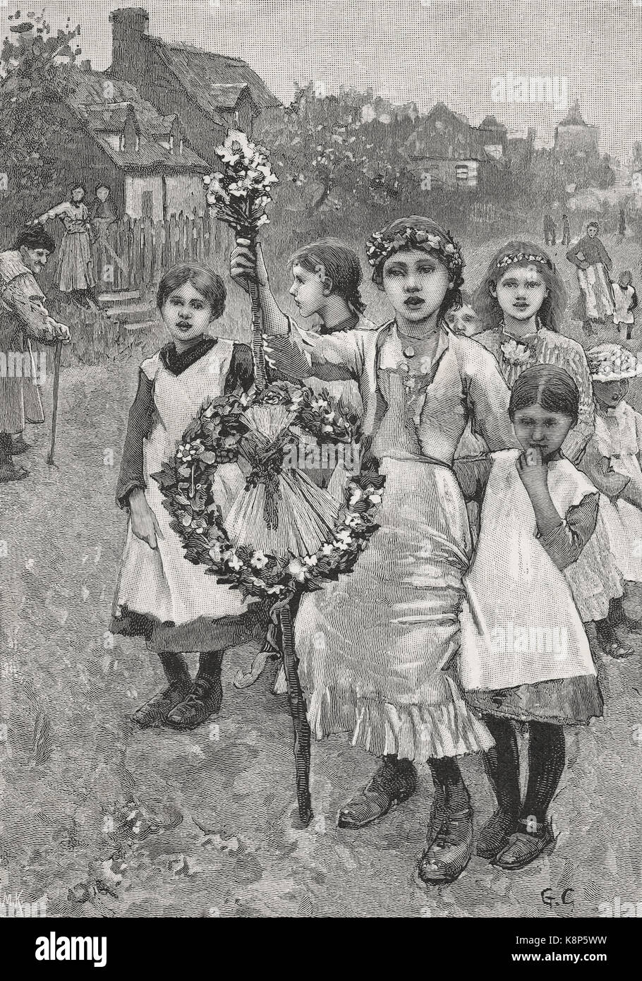 Ragazze in un giorno vittoriano maggio, 1886 Foto Stock