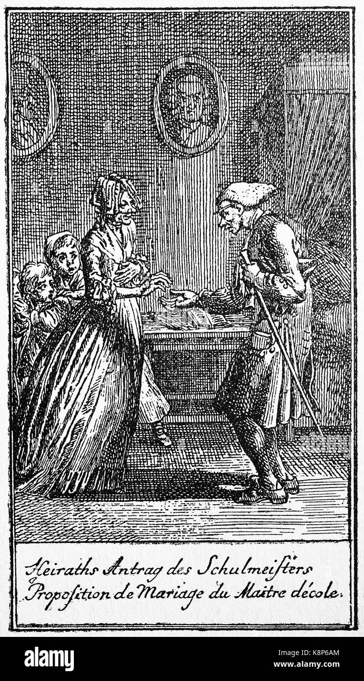 Proposta di matrimonio di un vecchio maestro, Heiratsantrag eines Schulmeisters, 1750, digital Riproduzione migliorata di una xilografia, pubblicata nel XIX secolo Foto Stock