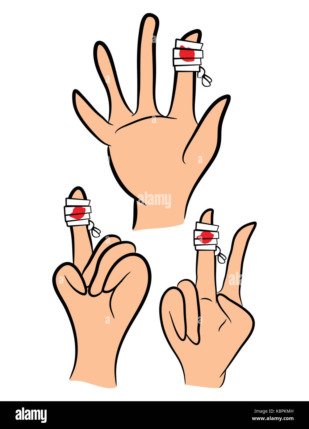 Set di feriti dito, mano avvolto in un bendaggio con rosso sangue pozza. Illustrazione di vettore isolato su sfondo bianco. Illustrazione Vettoriale