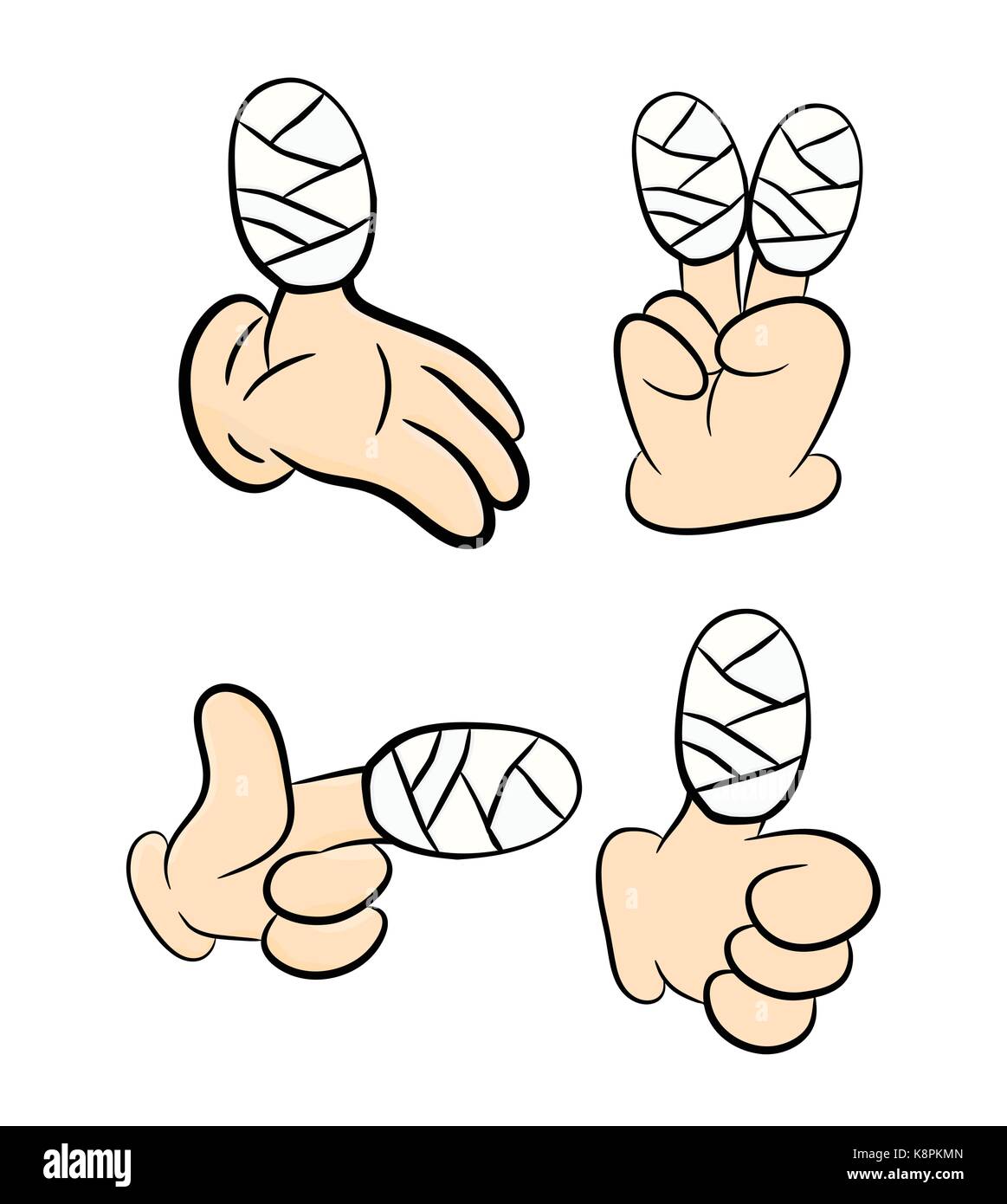 Set di feriti dito, mano avvolto in un bendaggio. Illustrazione di vettore isolato su sfondo bianco. Illustrazione Vettoriale