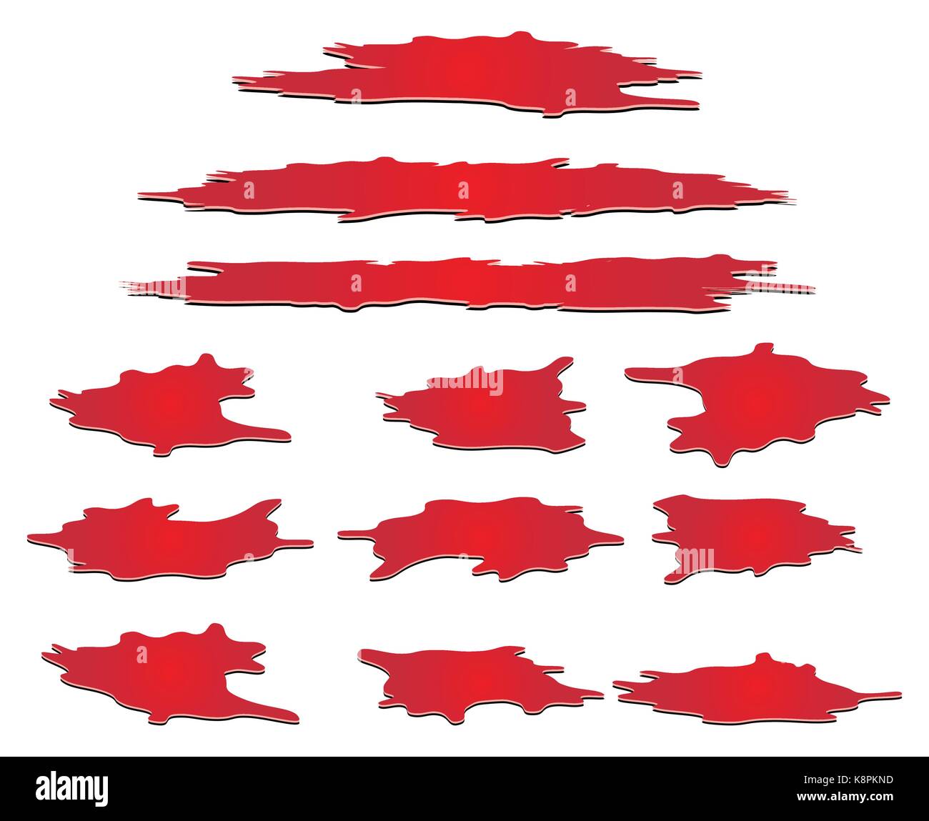 Set di pozza di sangue, drop, Blot, macchia, rosso plash od il sangue. Illustrazione di vettore isolato su sfondo bianco. Illustrazione Vettoriale